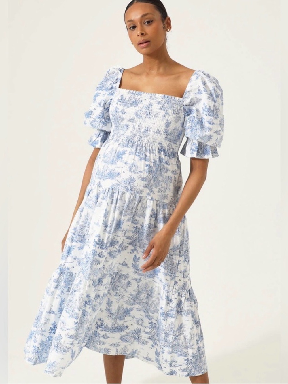 Smocked Square-Neck Midi Dress in Blue and White